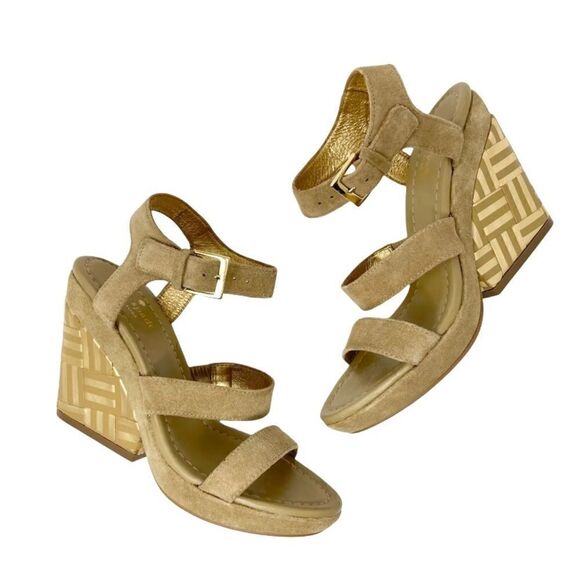 KATE SPADE New York Farryn Beige Gold Suede Geometric Wedge Espadrilles - Picture 1 of 8